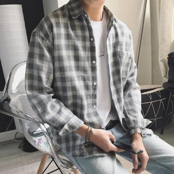 Áo sơ mi nam form rộng kẻ caro, chất thô mềm mát, thích hợp mùa hè, hàng nhập Quảng Châu