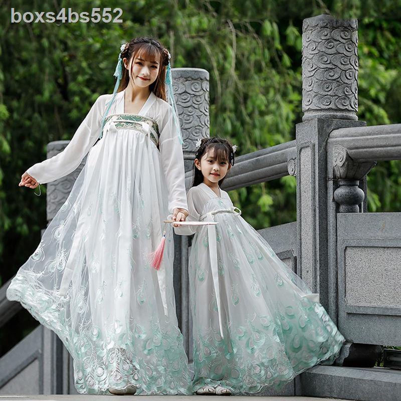 Cải tiến Bộ quần áo Hanfu cho bé gái cha mẹ Mùa hè Mẹ-con Phong cách Trung Quốc Cổ trang Váy hở ngực đầy đủ