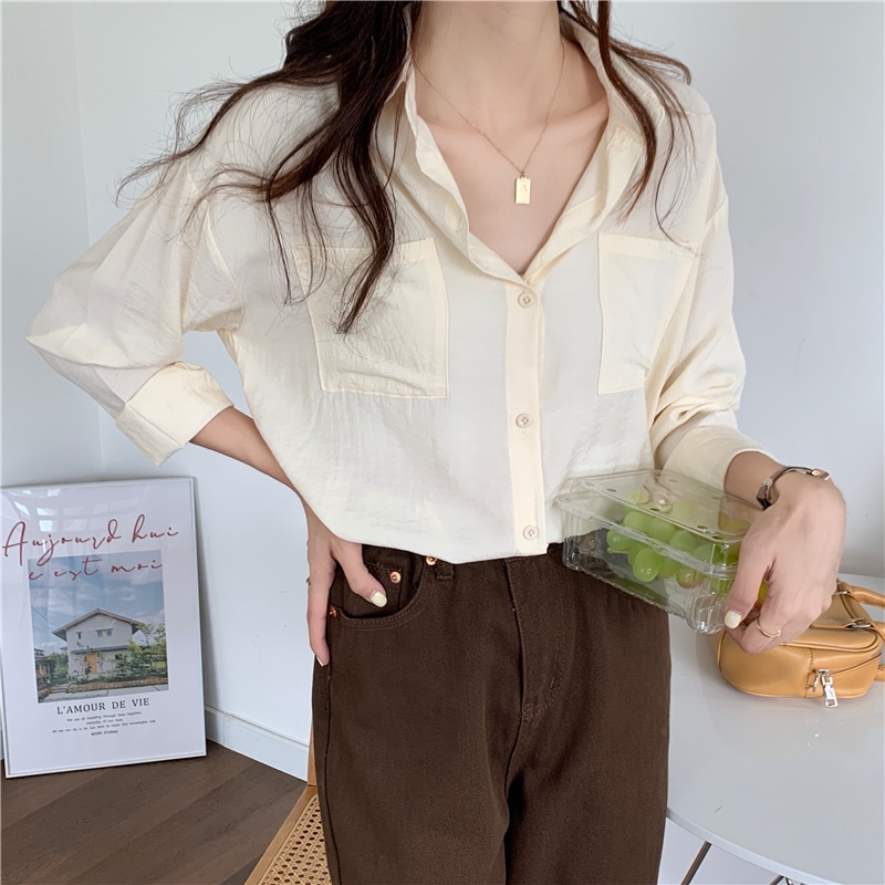 Áo sơ mi nữ Tay dài Form rộng Ulzzang Hàn Quốc Sơ mi trơn nữ Dài tay Thời trang