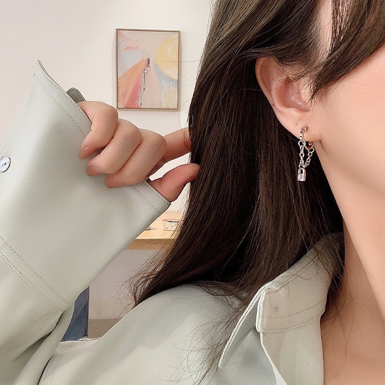 Bông tai bạc dạng xích dài ổ khóa cá tính cực chất, khuyên tai ổ khóa giá rẻ nhất