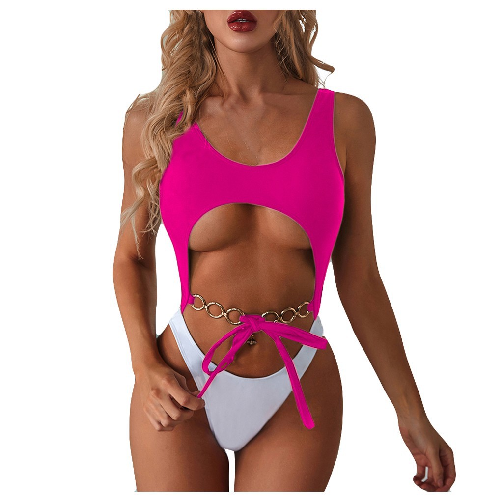 Women Metal Chain Hollow Out Jumpsuit Push-Up Beach Bikini One Piece Swimwear