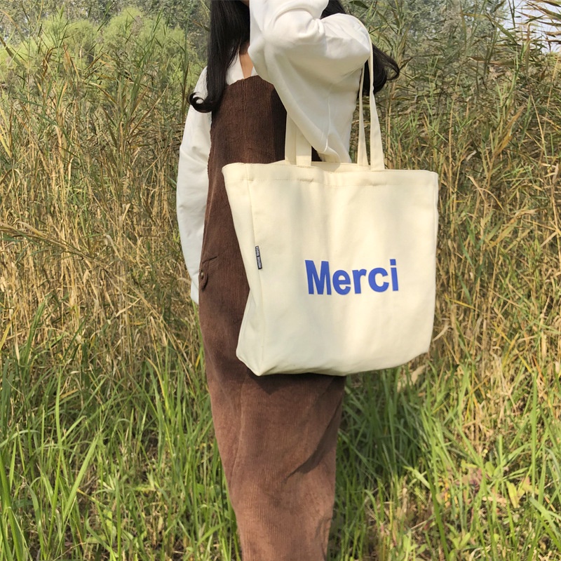 Túi Tote Vải Canvas Nữ Merci phong cách Ulzzang Có Khóa Kéo chất liệu dày dặn