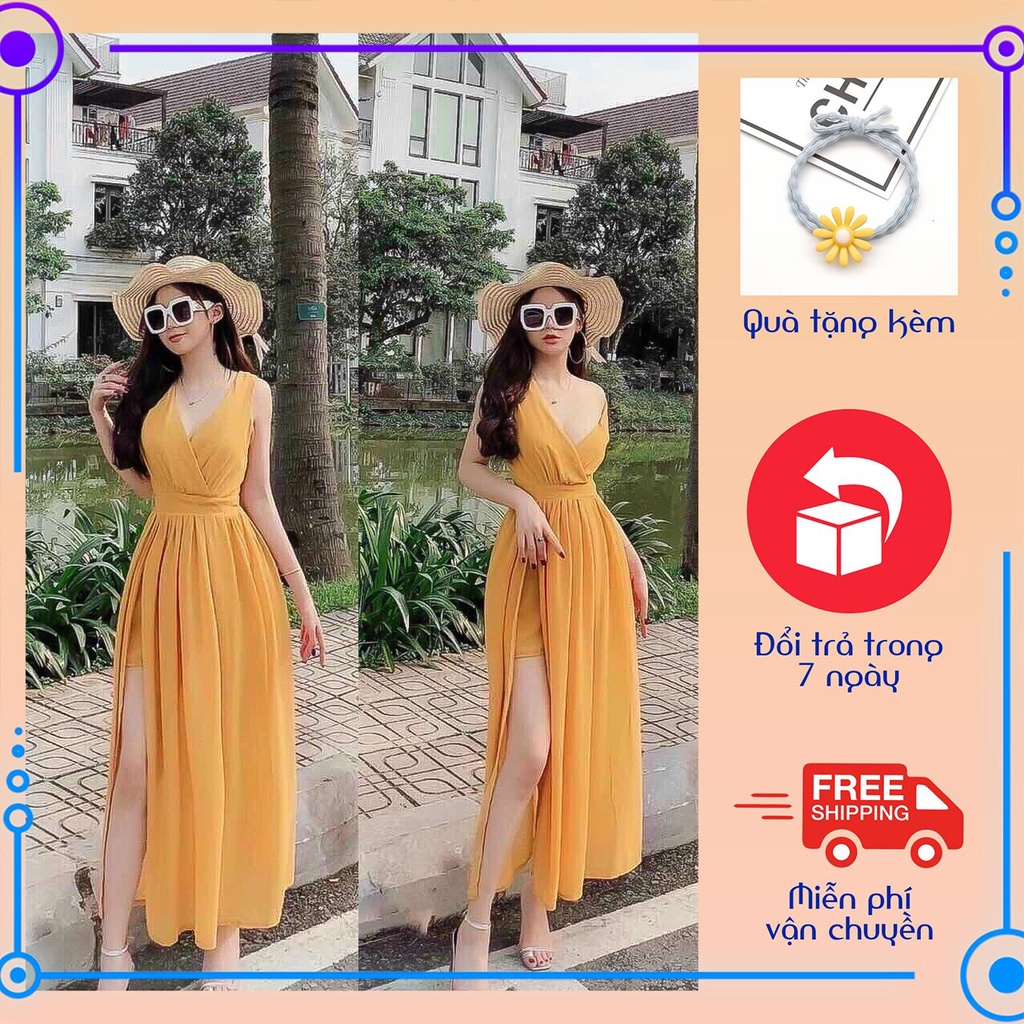 Đầm maxi đi biển xẻ tà cổ tim ChemMix vải voan chiffon 2 lớp cho nàng dạo phố, du lịch