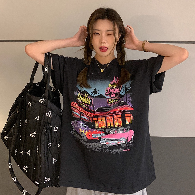 Áo thun cổ tròn tay ngắn in họa tiết retro thời trang với 2 màu tùy chọn cho nữ