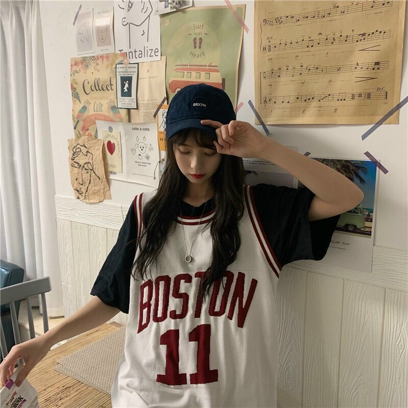 Áo thun tay lỡ Unisex form rộng Bóng Rổ phối tay BQSTON 11  Freesize dành cho nam nữ Molly Fashion