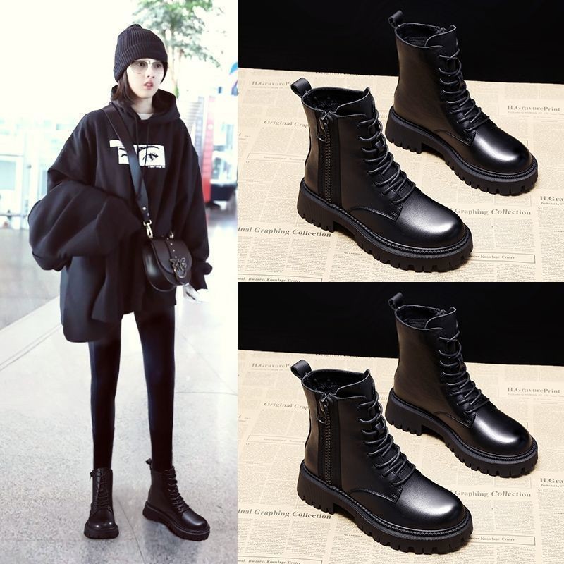 2021 Martin boots của phụ nữ Phong cách Anh mùa xuân và thu mới bốt đơn đế dày vào đông cộng với nhung ngắn trong '