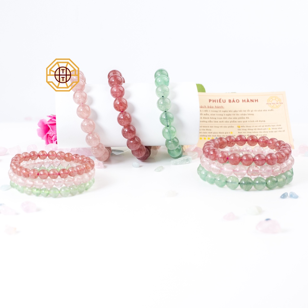 Vòng Tay Phong Thuỷ Đá Thạchh Anh Dâu Tây Xanh, Hồng Tự nhiên [TẶNG HỘP GỖ] Nữ mệnh Mộc Hỏa Thổ - Phong Thủy Tây Tạng