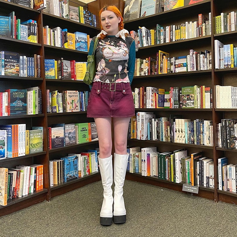 DUNEA Áo thun tay dài phối lưới in họa tiết xinh xắn thời trang cho nữ