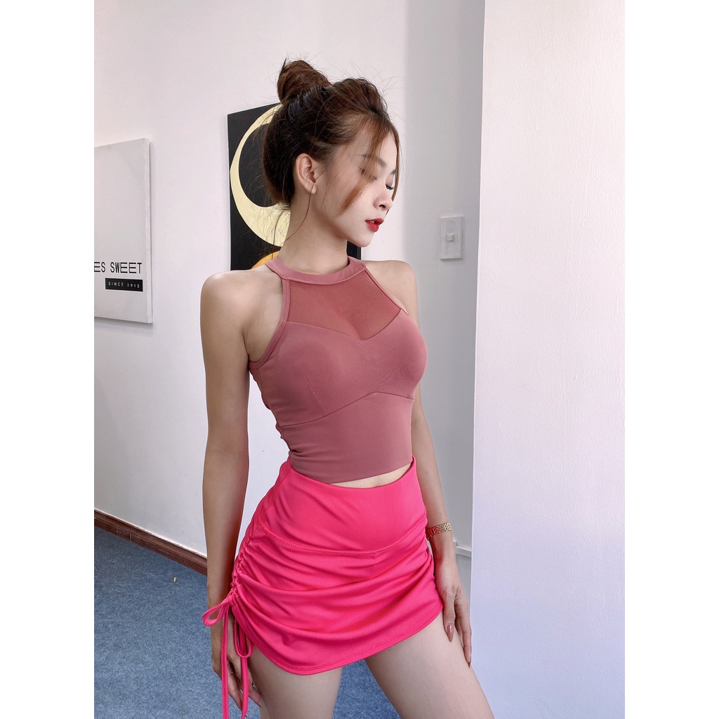 CHÂN VÁY NHÚN RÚT DÂY KÈM QUẦN TRONG LIỀN Hồng Sen - tập GYM AEROBIC HOT 2023 girlsold
