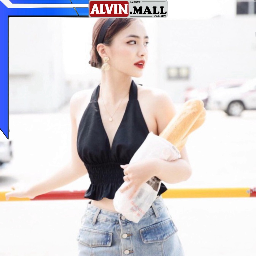 ✨Quảng Châu✨ Áo croptop cổ V hở lưng, hai màu trắng và đen sang chảnh  ALVIN.MALL