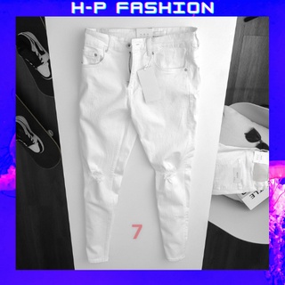 Quần jean nam rách gối màu trắng Hpfashion, Quần bò nam rách gối vải jean co giãn mềm mịn, form cực chuẩn - QJNTCS7
