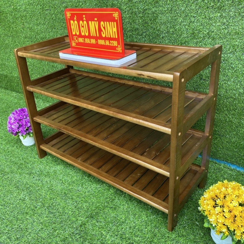 Kệ giá giầy sách gỗ cao su tự nhiên 4 tầng để giày dép túi sách kệ đa năng, Đồ gỗ nội thất mỹ sinh cao cấp