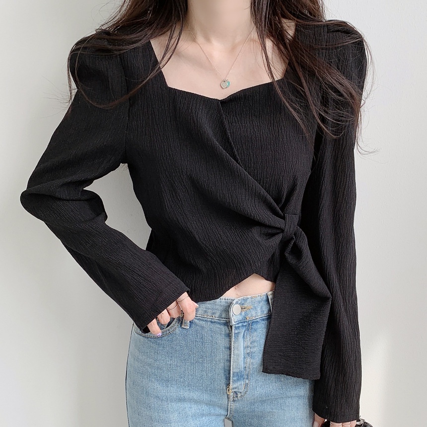 Áo sơ mi nữ voan trơn cổ vuông dài tay thắt nơ chéo eo phong cách Hàn Quốc