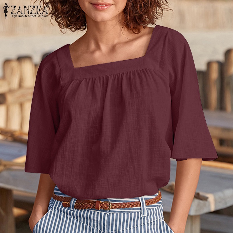 Zanzea Áo Kiểu Cổ Vuông Tay Loe Màu Trơn Phong Cách Bohemian Dành Cho Nữ