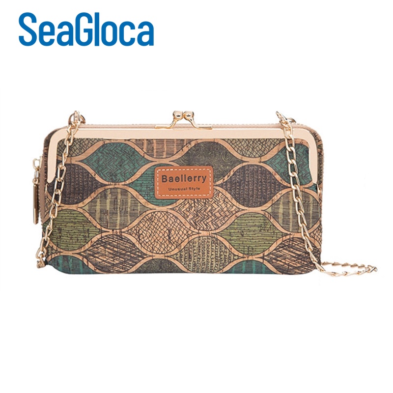 Túi đựng điện thoại SeaGloca dáng dài thiết kế họa tiết vân gỗ có khóa kéo và khóa cài ly hợp cho nữ