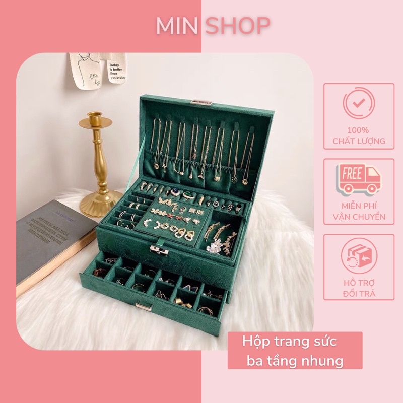 Hộp đựng trang sức nhung 3 tầng cao cấp, khung gỗ loại đẹp tiện dụng, sang trọng💍💍