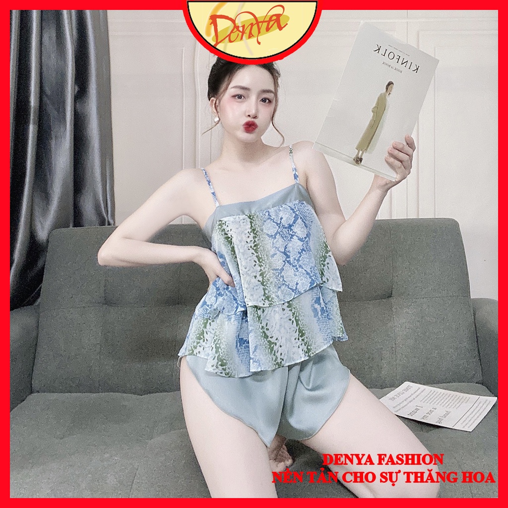 Đồ bộ ngủ hai dây ⭐️ FREE SHIP ⭐️ Đồ ngủ chiffon phối satin, áo 2 dây xếp tầng có dây buộc nơ phía sau DN36