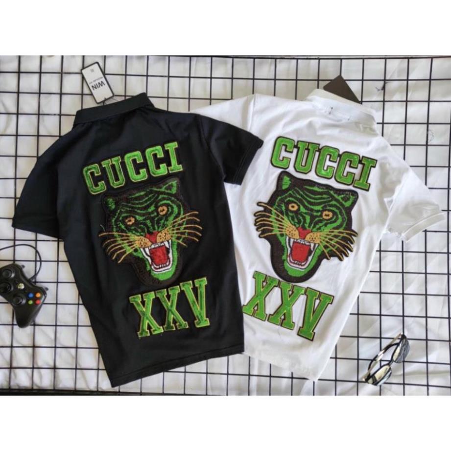 Áo thun nam polo ngắn tay cổ trụ đính đá kim sa GUCCI Tiger Xanh, Áo cotton 100% cao cấp ! '