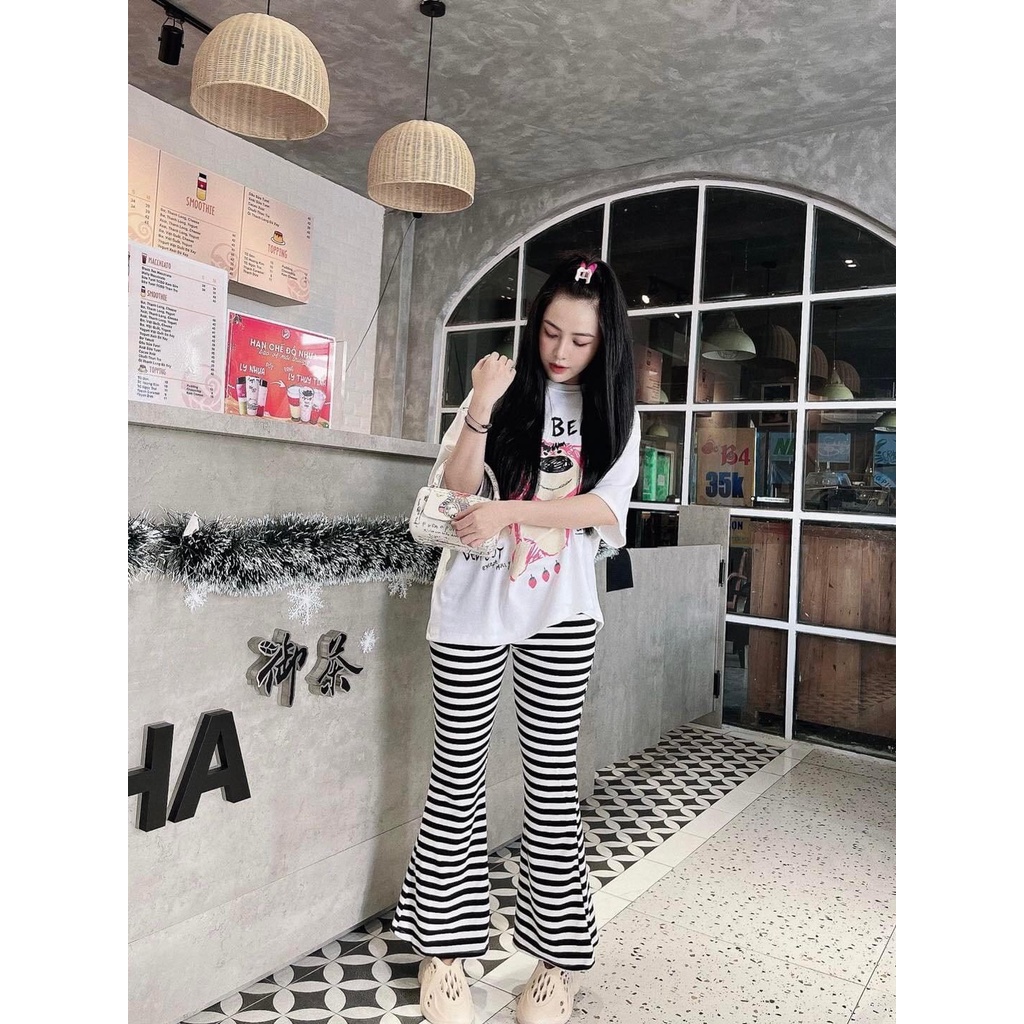 Set bộ gấu pink quần ống loe thun gân free size