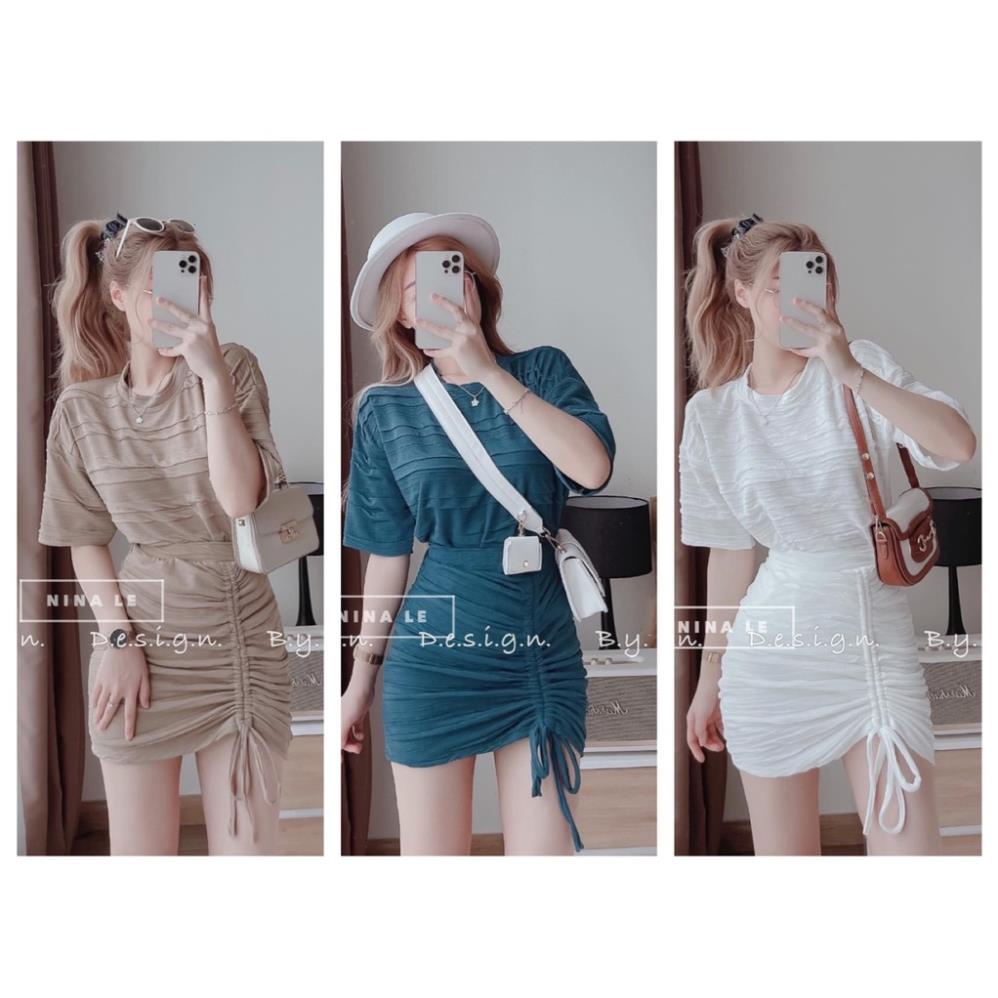 SET ÁO COTTON GẤP LY PHỐI CHÂN VÁY RÚT SƯỜN