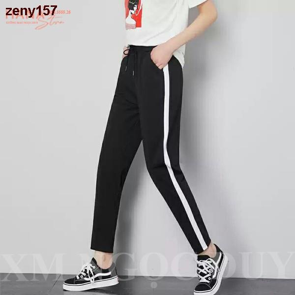 ₪┇▩zeny157Quần thể thao nữ dài viền sọc trắng dáng baggy có túi vải Umi - Quần Jogeer dây rút nữ cạp chun màu Đen đi họ