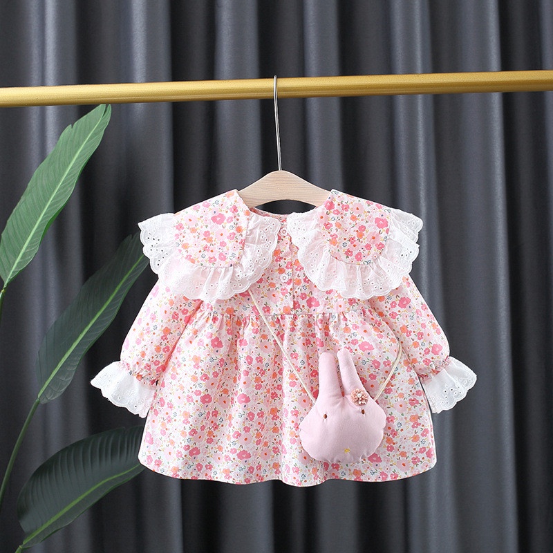 Váy tay dài cổ bẻ phối ren họa tiết hoa xinh xắn thời trang mùa thu cho bé gái từ 9 tháng đến 3 tuổi 2021