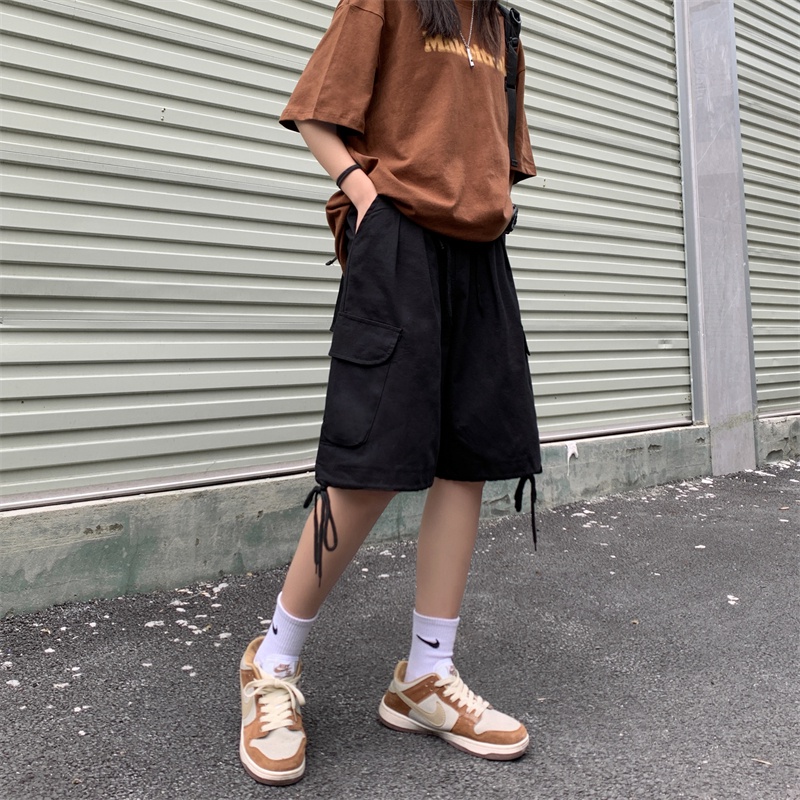 Quần ngắn ống rộng Lưng Cao Phối Dây Rút Có 3 Màu Thời Trang Retro Cho Nữ