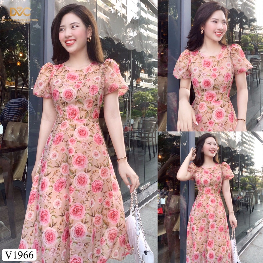 Váy hoa hồng tay bồng V1966 - Mimo shop phân phối chính thức (Kèm ảnh thật trải sàn do shop tự chụp)