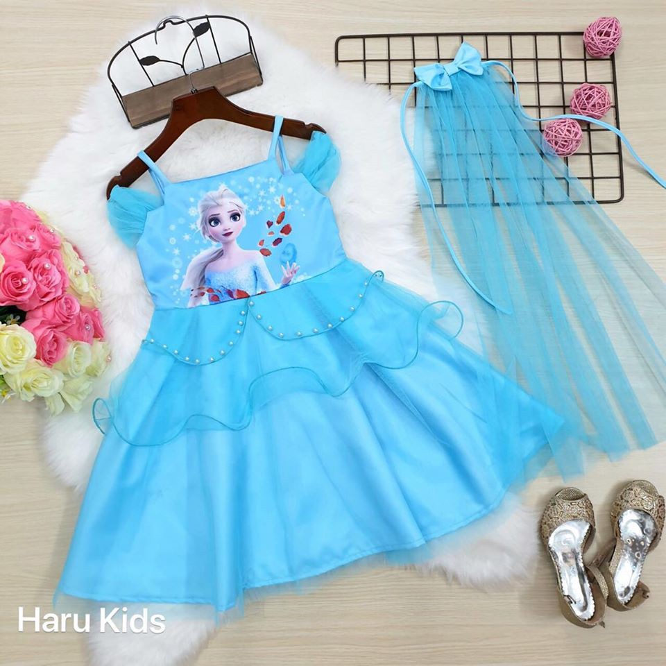 HARU KIDS - ĐẦM DẠ HỘI ELSA KÈM LÚP ( HỒNG + XANH )