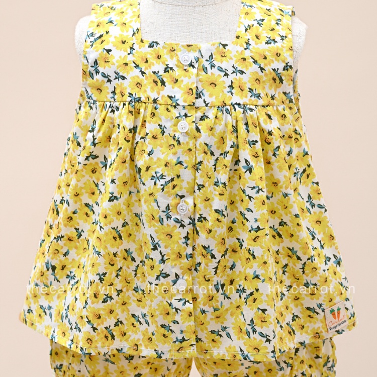 Bộ Đồ Carrot Cho Bé Gái, Họa Tiết Hoa Mai Vàng, Không Tay Dáng Baby Doll, Chất Thô Cotton Thoáng Mát Thấm Hút Mồ Hôi Tốt