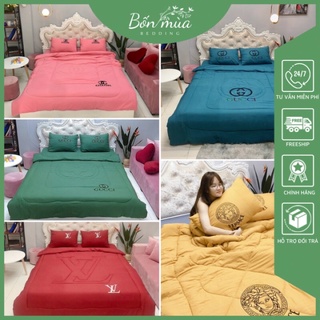 Bộ Chăn Ga Gối Cotton Đũi [MỀM MỊN MÁT] set 4 món ga chun kèm vỏ gối, chăn trần hè chất cotton đũi trơn màu và hoạ tiết