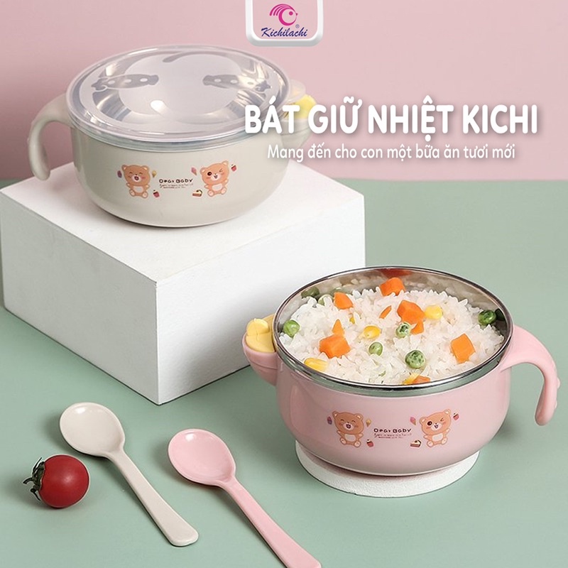 Bát Ăn Dặm M7739 Giữ Nhiệt Kichilachi, Bát Inox 2 Lớp Chống Nóng Cho Bé