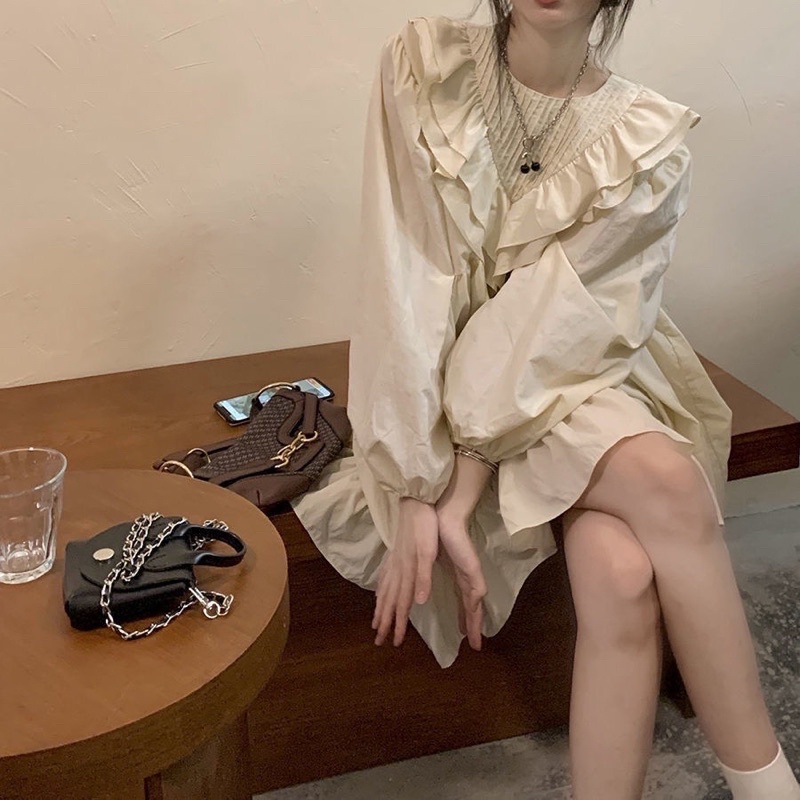 Váy Babydoll Tay Phồng Cổ Tròn Hoạ Tiết Bèo Phong Cách Hàn Quốc