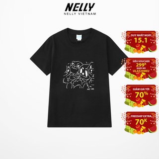 Áo thun tay lỡ NELLY cotton dáng unisex form rộng in hình đôi bạn gió gió