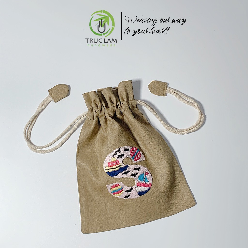 Túi Dây Rút Thêu Tay Họa Tiết Chữ Cái S Phối Hoa Văn Nhiều Màu Sắc - Trúc Lâm Handmade