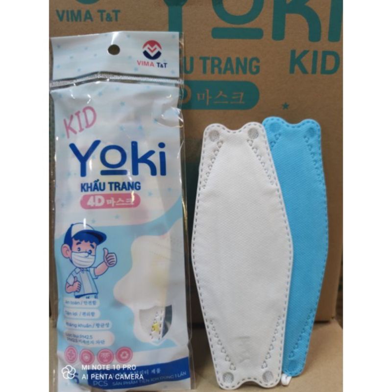 Khẩu trang y tế 4D trẻ em, cho bé YUKI Mask / YUKI KID 4D kháng khuẩn 4 lớp, 1 gói 6 cái, màu trắng, xanh