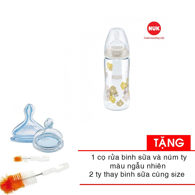 Bình sữa NUK cổ rộng PA 300ml - Ty Silicone 2M NU21474 tặng cọ rửa bình sữa và núm ty và 2 ty bình sữa cùng size