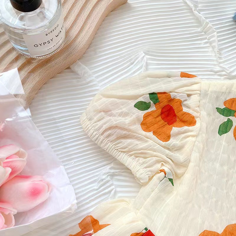 Đầm Sườn Xám Ngắn Tay In Hoa Cho Bé Gái