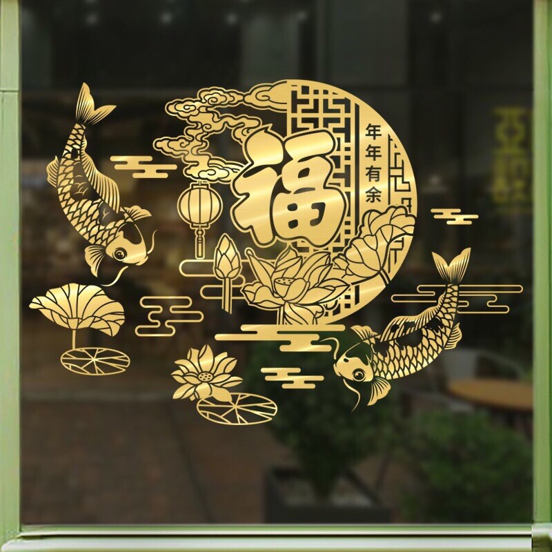 Decal trang trí Tết - Nửa Vầng trăng cá chép Ánh VÀNG - ĐỎ cao cấp