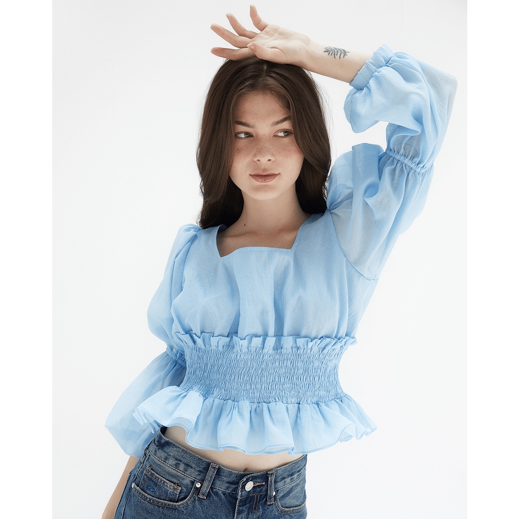 TheBlueTshirt - Áo Kiểu Nữ Tay Phồng Xếp Ly Cổ Vuông Màu Xanh Dương - Hebe Top - Blue