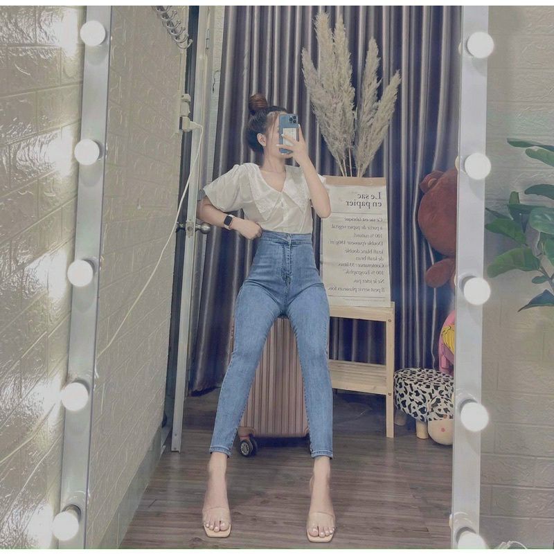 Quần jean nữ lưng siêu cao dáng ôm trơn và rách đùi 1 nút chất vải jean mịn co giãn [ FREE SHIP + MÃ GIẢM GIÁ ]