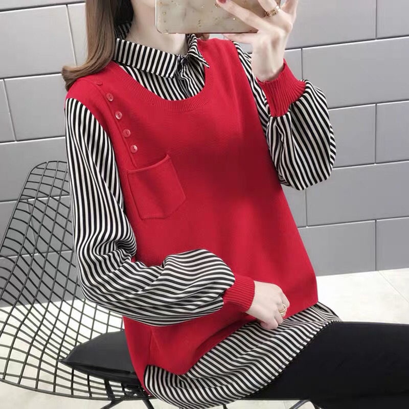 Áo Khoác Sweater Giả Hai Mảnh Dáng Rộng Thời Trang Mùa Đông 2022 Cho Nữ
