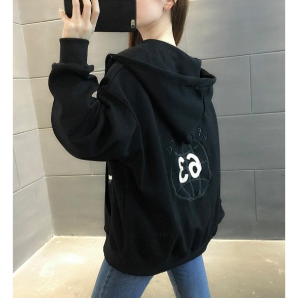 Áo Khoác Nỉ Nữ Dây Khóa Kéo Thêu Logo 63 Vải nỉ Dày Mịn Nón Lớn form Rộng Phối Túi NEW UNISEX