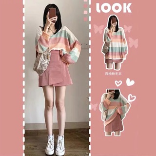 [Order taobao] Set áo len kẻ ngang chân váy da ullzang có tách set