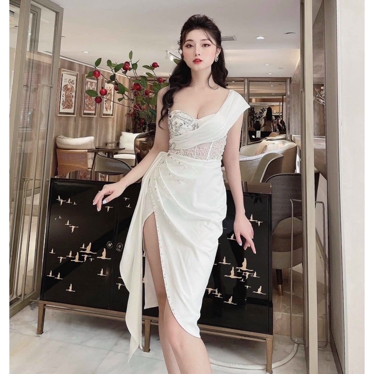 MS1226Y ĐẦM PHI LỤA 1 VAI KẾT ĐÁ GƯƠNG CAO CẤP 5 SIZE : S, M, L , XL   XXL