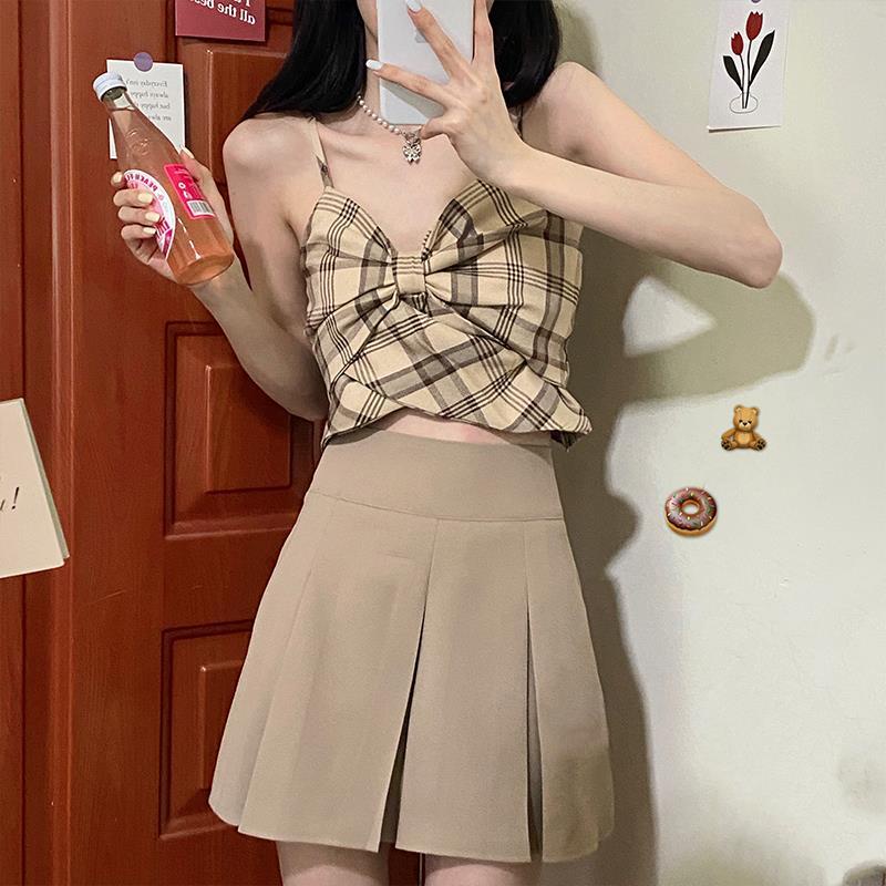 Set áo khoác ngắn thắt nơ phối chân váy kẻ sọc caro thời trang mùa thu 2021 cho nữ