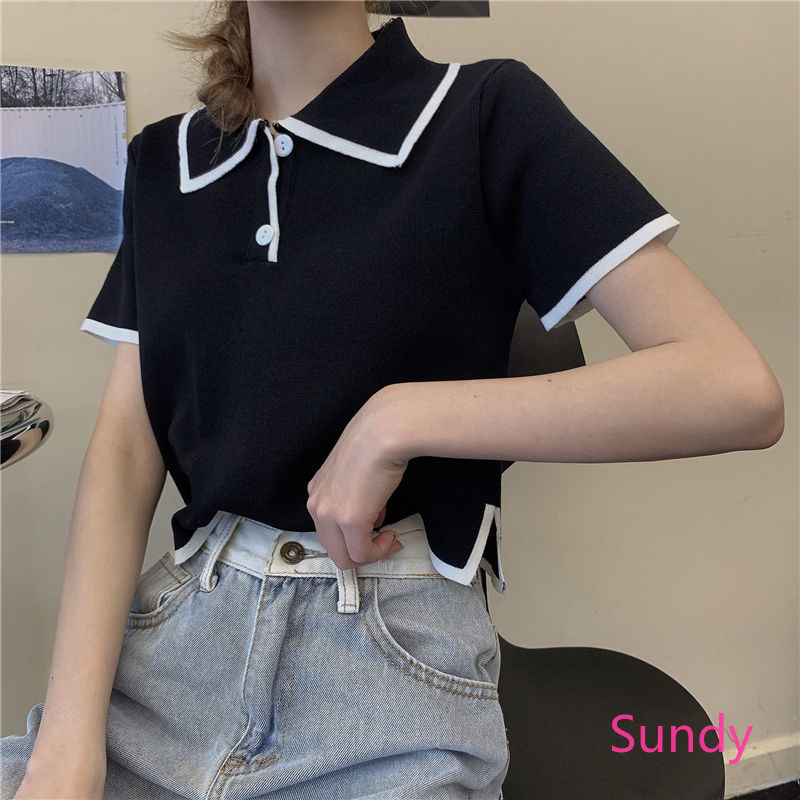 Áo thun tay ngắn dáng ôm màu tương phản thời trang cho nữ
