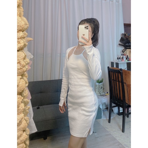 sẵn set đầm body yếm kèm khoác lửng trắng