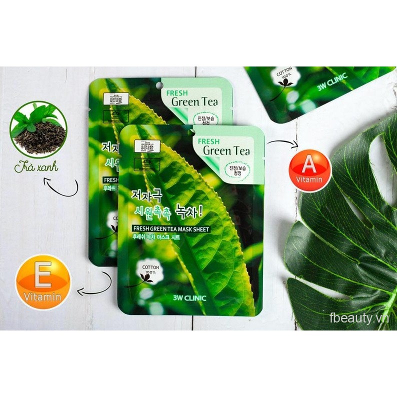 Bịch 10 Túi Mặt nạ giấy dưỡng trắng da chiết xuất Trà Xanh - 3W Clinic Fresh Green Tea Mask Sheet - Hàn Quốc 23mlx10