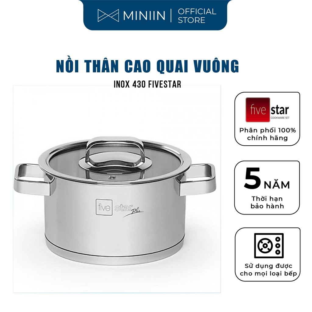 Nồi thân cao 3 đáy inox 304 Fivestar Plus bếp từ quai vuông nắp kính (16cm/ 18cm/ 20cm/ 24cm)